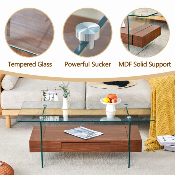 43.3 Inch Modern Two-Tier Coffee Table - Clear Tempered Glass and Dark Wood Grain, Multifunctional Storage Design.The bottom tier includes a drawer.Can be used as a coffee table,side table,etc.