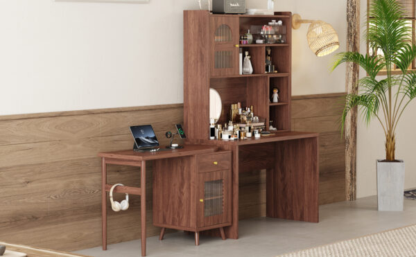 Computer Desk with 90 Degree Rotating Desktop, 43x70 Inch Office Desk with Storage Drawer and Cabinets, Gaming Desk with Shelves, Writing Desk for Study, Work Desk for Home Office Bedroom Living Room