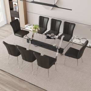 Table and chair set.Elegant Transparent Tempered Glass Dining Set - 71"x35.4" with 8 Black PU Chairs with a vertical stripe design on the backrest.
