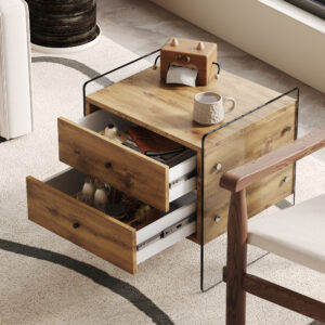 Double-drawer bedside table. The board surface is MDF sticker, and both sides are transparent tempered glass. The design is simple and elegant, with excellent storage functions.