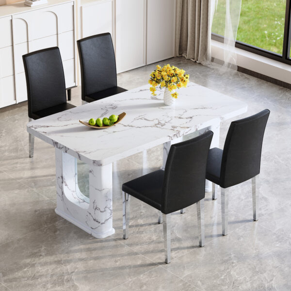fdcb46d89e7d47aa9bdec20b114e5452_70b10fdca6b236f1edb7849f1d7afbb8 Table and chair set.64.5x35.4 Inch Stylish White Marble Textured Dining Table.Paried With 4 Black PU dining chairs, Silver Metal Legs.Simple and versatile.High Elasticity Sponge Filling.