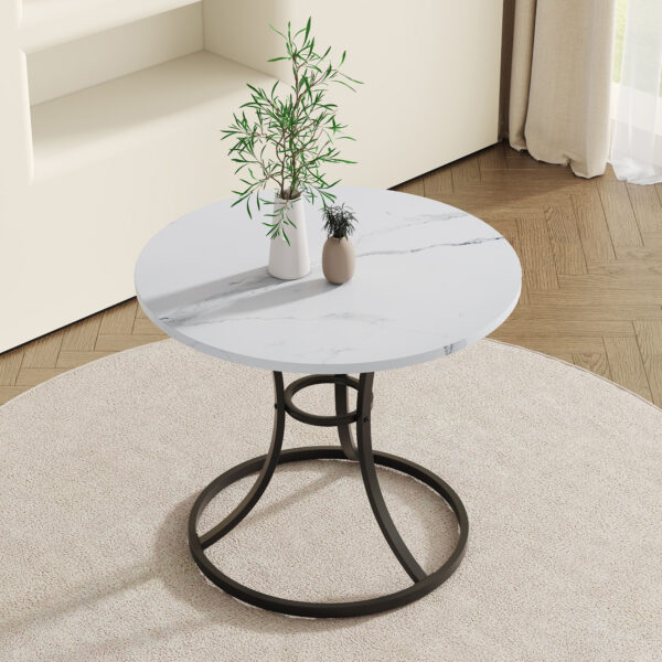 fdd871e660c44e79bbe069ee82fa3bd3_6ba36bf4b100f877dcdf1aca2863bda9 A Modern Minimalist Circular Dining Table With A Diameter Of 33.3 Inches, An Elegant And Practical Choice.White Marble Textured Pattern Desktop, Paired With Uniquely Shaped Metal Leg.