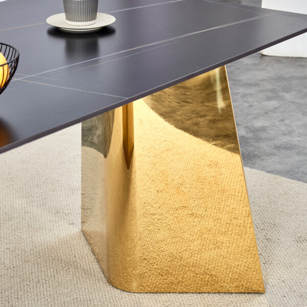 fe09fbf5dde14b5f85c40b19759b75ca_75ece094c84568e36daa1959cf9df789 63"x31.5x30" Black Marble-Patterned Slab Dining Table with Golden Stainless Steel Butterfly Legs.The tabletop is designed to be scratch and heat resistant.Slabs Tabletop,Golden Stainless Steels Legs.