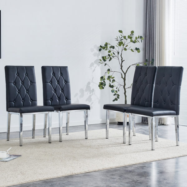 fe438832fde141dc89145c148907edc8_20240318_1bee7e186bbfaf9f1153f2d92a8b268b 4 piece set of black armless dining chairs brings a touch of elegance and mystery to the dining area with its deep black tone,The grid and buckle design of the back add a vintage yet fashionable touch