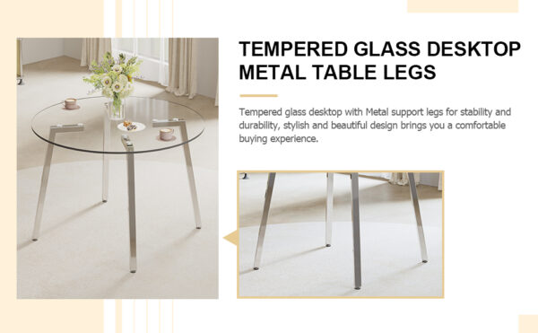 Modern minimalist style circular transparent tempered glass table, tempered glass tabletop, silver metal table legs, suitable for kitchen, dining room, and living room, 42 "* 42" * 29.5 "1123r