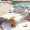 TREXM Outdoor Daybed, Patio Daybed with Four Pillows, Wooden Outdoor Bed with Curved Armrests for Poolside, Backyard, Garden (Gray+Beige Cushion)