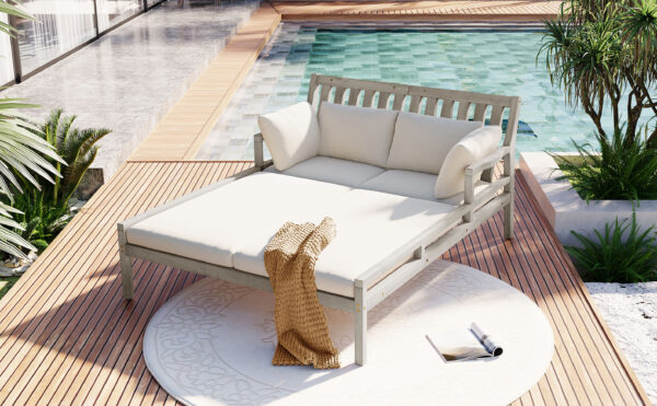 TREXM Outdoor Daybed, Patio Daybed with Four Pillows, Wooden Outdoor Bed with Curved Armrests for Poolside, Backyard, Garden (Gray+Beige Cushion)