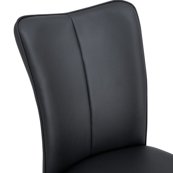 fe6f2e5f6a694d2ba793e4c54b4e3a4e_82245d575c7b60e22c8ea23f8ce1b2a8 Table and chair set.63"x31.5x30" Luxurious Pandora patterned Sintered Stone Tabletop with Silver Stainless Steel Legs.Paried With 4 Black PU Chairs with a vertical stripe design on the backrest.