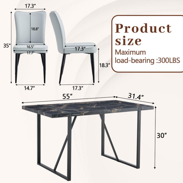 fe72f75ae3564e3f8e2b687509d7c837_3a38e75693a8c0e42e6d7988bad0a7eb Table and chair set.Modern Black Marble Pattern MDF Dining Set - 55"x31.4"with 4 Light Gray PU chairs with a vertical stripe design on the backrest.Suitable for kitchen,Dining room,etc