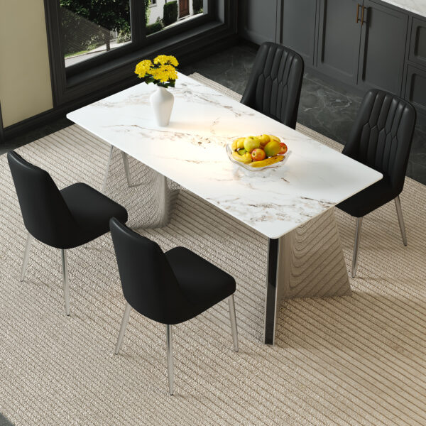 fe77af220db4444aa3cd14fd9dfef687_7e1a19b9da99c6cb8b54b67816144fc5 Table and chair set.63*31.4 Inch Luxurious Cold Jade Sintered Stone Dining Table Set - 4 Black Chairs With Silver Metal Legs.Modern Light Luxury.Perfect For Dinner Room,Meeting Room,Kitchen,etc.