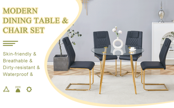 fe7dd8a92f1948bcb0f32a2b2decda7a_72d55ad1aaafa70bf8741683baed377d A modern minimalist style round transparent tempered glass table with gold metal legs, paired with 6 modern PU leather high-back dining chairs ,bring a luxurious experience.