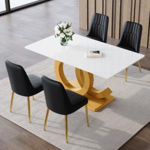 Table and chair set.Subtle Luxury Tempered Glass Dining Set - 63"x35.4" with 4 Black PU Chairs.Metal Gold Chair Leg.White imitation marble texture sticker Tabletop. OC-Shaped MDF Table Leg.
