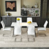 Table and chair set.63*31.4 Inch Luxurious Cold Jade Sintered Stone Dining Table Set - 6 White High-quality PU Chairs With Arched Silver Metal Legs.Perfect For Dinner Room,Meeting Room,Kitchen,etc.