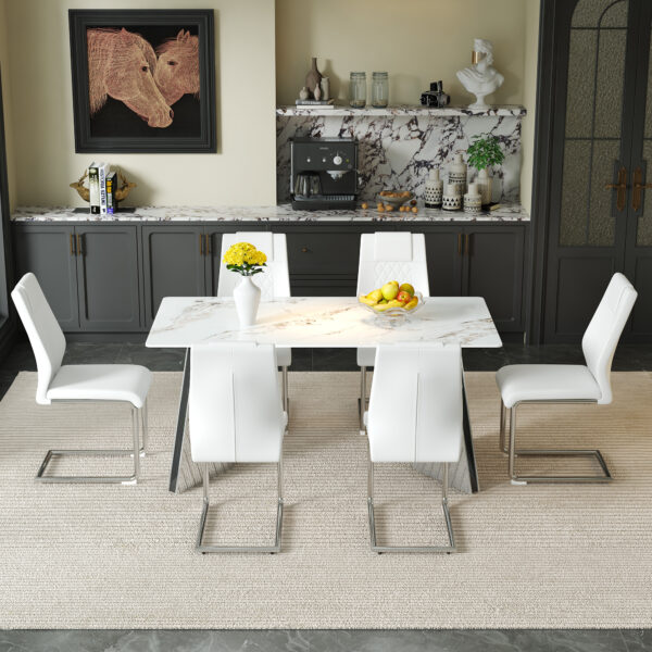 fec2575d97b144caa0c790ee6576b98c_6f0a951d0d174ce2b06f236f7e7fa930 Table and chair set.63*31.4 Inch Luxurious Cold Jade Sintered Stone Dining Table Set - 6 White High-quality PU Chairs With Arched Silver Metal Legs.Perfect For Dinner Room,Meeting Room,Kitchen,etc.