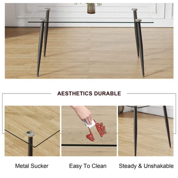 Modern minimalist rectangular transparent tempered glass dining table, 0.4 inches thick, black metal legs, suitable for kitchen, dining room, and living room 63 "* 35.4" * 30 " DT-1544