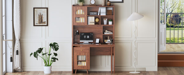 Computer Desk with 90 Degree Rotating Desktop, 43x70 Inch Office Desk with Storage Drawer and Cabinets, Gaming Desk with Shelves, Writing Desk for Study, Work Desk for Home Office Bedroom Living Room
