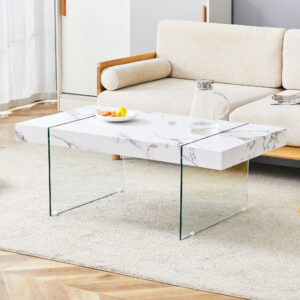 43.3"x23.6" White Marble-Patterned MDF Coffee Table with Tempered glass legs.Suitable for Living Room.It can be used not only as a coffee table but also as a side table or display stand.