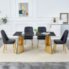 Table and chair set.63"x31.5x30"Black Texture With Lines Patterned Sintered Stone Table with Golden Stainless Steel Legs.Paried With 4 Black PU Chairs with Simple Line Designs On The Backrest.