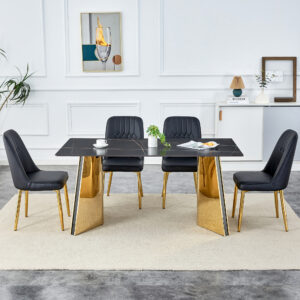 Table and chair set.63"x31.5x30"Black Texture With Lines Patterned Sintered Stone Table with Golden Stainless Steel Legs.Paried With 4 Black PU Chairs with Simple Line Designs On The Backrest.