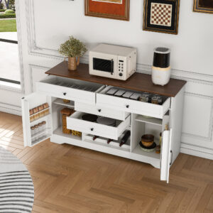 54" Farmhouse Buffet Sideboard with Storage Cabinet & Adjustable Shelf – Wood Top Dining Table with Drawer, Kitchen Storage Cabinet for Dining Room, Living Room, White