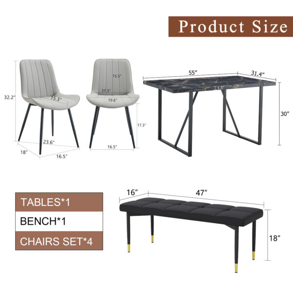 ff12ad46a9a143358162b110fb7136a0_c90b3986a270d3ba000362032c663f23 Table and chair set.Modern Black Marble Pattern MDF Dining Table Set - 55"x31.4" with 4 Extended Seat Cushion PU Dining Chairs and 1 Bench,A Choice of Subtle Luxury for Modern Homes.