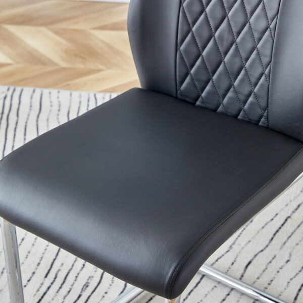 ff1e9539b0804734938836e09d494c7e_bfa841530ad476746305b850992184fb Table and chair set.63"x31.5x30" Luxurious Snow Mountain Patterned Sintered Stone Table with Silver Stainless Steel Butterfly Legs.Paried With 6 Black High-quality PU Chairs With Arched Metal Legs.