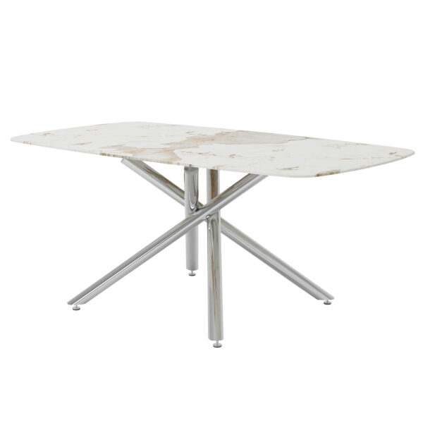 ff238368e3854d96a6203eca957f7145_07f721f564425f566bbb5730e8179dc7 Large modern minimalist rectangular dining table with 0.39 "imitation marble tabletop and silver metal legs, suitable for kitchens, restaurants, living rooms, conference rooms.W1151S00986