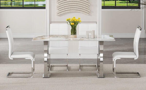 ff36510e00d04afd80e8230071f83cf3_49c4b5aa25023660217527eb25ef7795 Table and chair set.63*31.4 Inch Pandora Patterned Sintered Stone Dining Table Set - 4 White PU Chairs With Silver Metal Legs.Modern Light Luxury.Perfect For Dinner Room,Meeting Room,Kitchen,etc.