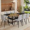 Table and chair set.71*35.4 inch Wooden And Black Spliced Dining Table With Storage Function In The Middle Of The Table Legs.Paired With 8 Light Gray Linen Dining Chairs With Curved Widened Cushion.
