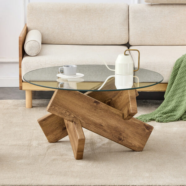 Circular glass coffee table, 33.4-inch modern and distinctive design tea table. Tempered glass countertop, wood colored MDF table legs. Suitable for living rooms and farmhouses