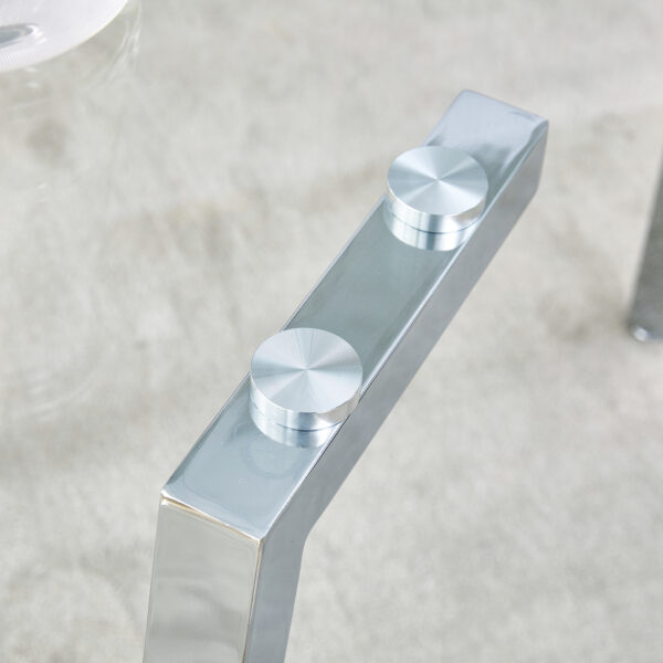 ff9ae350ca3646298687232d24f579a3_a53eaf52344cab4e0685ddab02c98801 Table and chair set.Modern circular transparent tempered glass table, tempered glass tabletop, silver metal table legs.A Set of 4 Black PU Comfort Dining Chairs with extended backrest.
