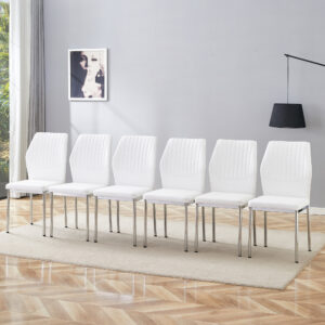 Luxury Simple Chair - Set of 6 White PU Material High Resilience Dining Chair with Metal Silver Leg.The Chair Back Has a Vertical Stripe Design With Smooth And Uniform Lines.