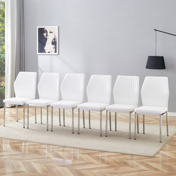 ffaea1714b0242bbbcacb0ebb61a5cf8_dbc19aeaed4ac26f12b588e3abd50b51 Luxury Simple Chair - Set of 6 White PU Material High Resilience Dining Chair with Metal Silver Leg.The Chair Back Has a Vertical Stripe Design With Smooth And Uniform Lines.