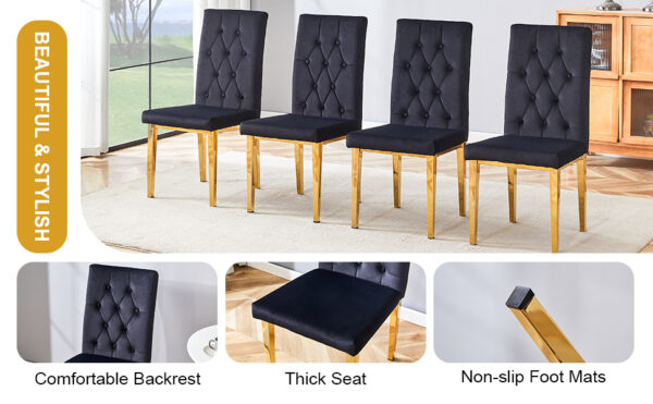 ffb944b5bce84e93a378594eda0e6d05_a0a4ef9fea31b6898971079a779809cc 4 piece dining chairs.The gold metal legs complement the black velvet, showcasing a perfect blend of modern and classic elements.Suitable for various occasions such as kitchens,conference rooms, etc.