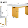 Table and chair set.Large modern rectangular table with 0.4 inch patterned glass tabletop and large MDF table legs.Comes with 8 chairs with faux leather cushioned seats and golden metal legs.