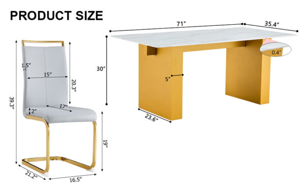 ffc05a42549448ffb189fa2c9dab62f5_dafccb99e374c7534943c585c3e225b2 Table and chair set.Large modern rectangular table with 0.4 inch patterned glass tabletop and large MDF table legs.Comes with 8 chairs with faux leather cushioned seats and golden metal legs.