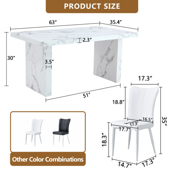 ffddd2148aff48f29a604e5e8c3e23e9_d9b62ae3a3fb9cef6bd60de2a9dcf885 Table and chair set.63"*35.4" White Imitation Marble Pattern MDF Dining Table Set - 4 White PU Chairs with a vertical stripe design on the backrest.Create Your Exclusive Low-Key Luxury Space.