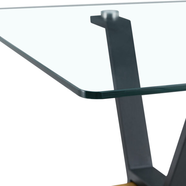 ffe7c1b751574fd98dc13a8aa0c74367_02b4edc0231e149a5fb9f568ad4886ad Table and chair set.79"x31.5" Inch Tempered Glass Tabletop With X-shaped Black Metal Table Legs,Wood Grain Textured MDF Crossbeam.Paired With 10 Black PU Dining Chairs with Walnut Color Metal Leg.