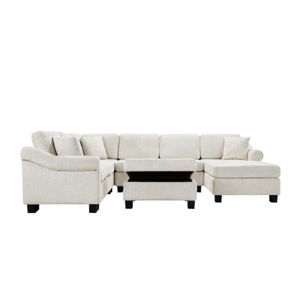 Sectional Sofa 111.8" U-shaped Sofa Chenille Upholstered Sofa Couch with Movable Storage Ottoman for Living Room, White