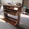 Medieval Modern Independent Shoe Cabinet, 31.5-inch Walnut Shoe Storage Cabinet,, Fence Shoe Cabinet with 2 Flip Drawers, Suitable For Corridors And Entrances