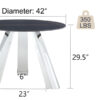 A 42-inch burn stone round table with stainless steel legs can accommodate 4 or 6 diners