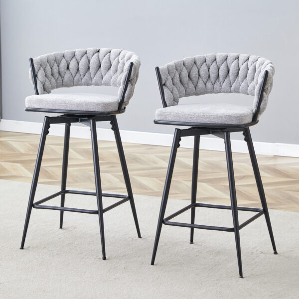 Set of 2 Swivel Bar Stools with Breathable Linen Cushions - Light Gray Seat & Black Iron Frame, Counter Height Stools for Kitchen Island, Dining or Pub
