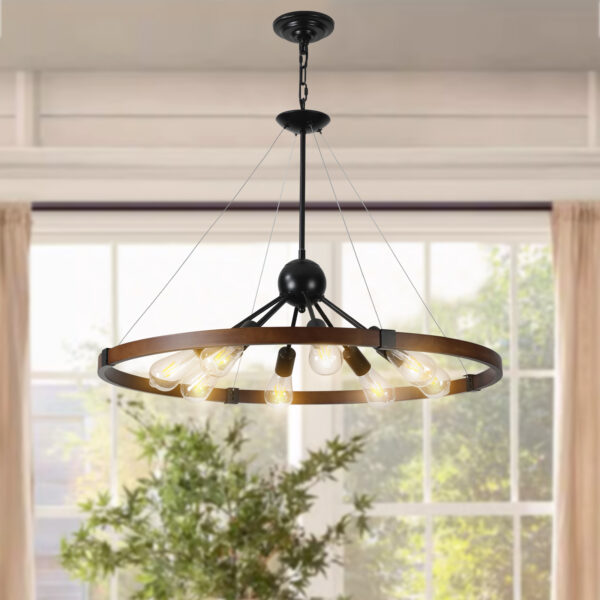 (Same as W1340111208/L1012) 32" Rustic Industrial Chandelier, 8-Light Farmhouse Pendant Lighting Fixture with Metal and Wood Finish, Adjustable Chain for Dining Room, Kitchen, or Living Room (No Bulb)