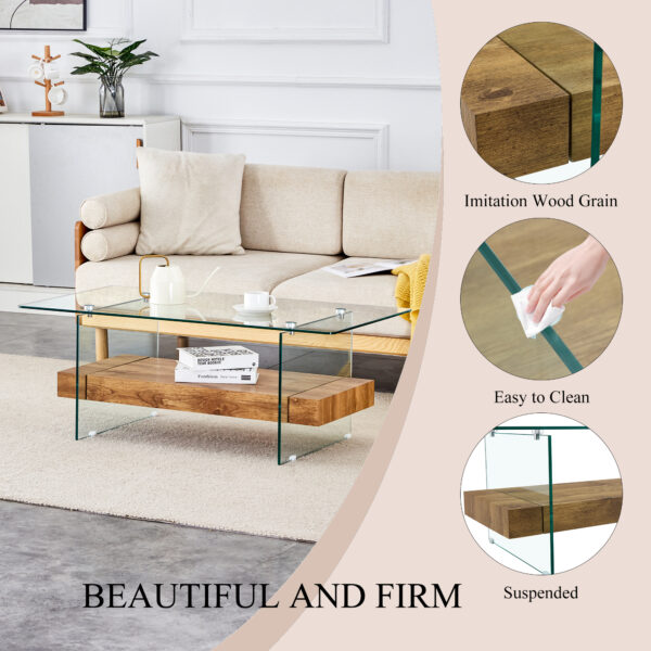 031d23ec1b4c4ec2bfd9f2e7660bc800_754229acce270d90fcc30ed9930ae2d8 43.3 Inch Modern Two-Tier Coffee Table - An Elegant Combination of Clear Glass and Light Wood Texture Sticker.It can be used not only as a coffee table but also as a side table or display stand.