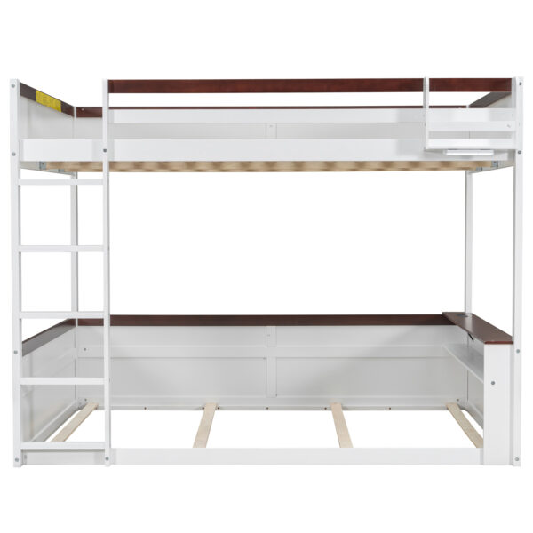 Queen Size Wooden Bunk Bed with Built-in Shelves,Storage Box,LED Light and USB Charging Station,White(ETA:6/30)
