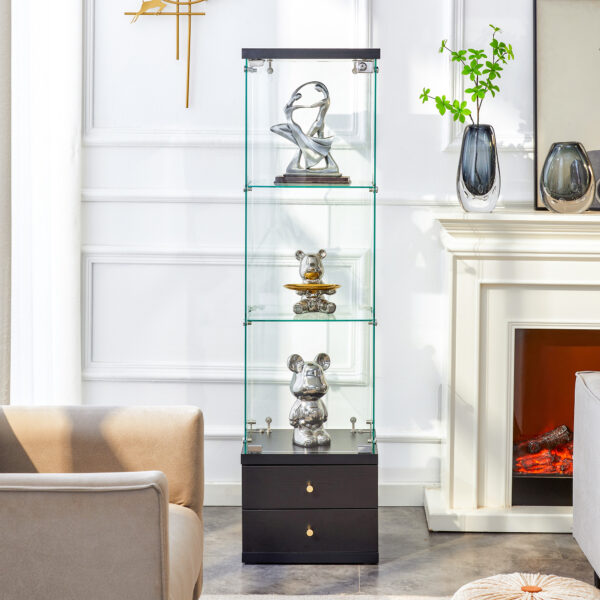 American-Style Non-Lit Glass Display Cabinet (0.2" Tempered Glass) – Soft-Close Drawer Slides  3 Adjustable Shelves, Ideal for Display & Storage