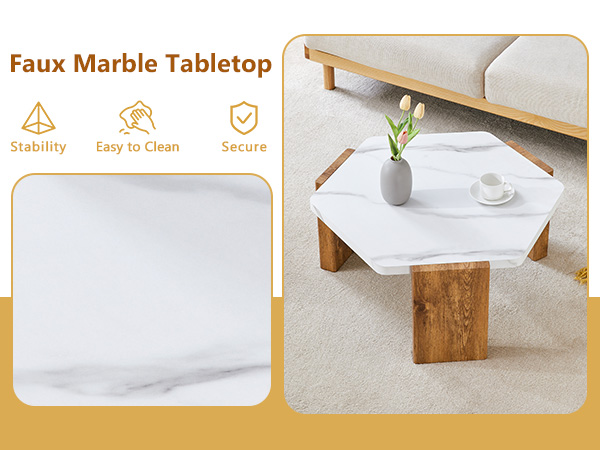 31-inch white marble-textured pentagonal coffee table - wooden triangular base, with a load-bearing capacity of 250 pounds, sturdy and durable, suitable for use in living rooms, cafes,.W1151138529