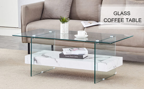 042749b192894779958f55161fcdd987_545bab672c6cd405aaecaf70ef580f5a 43.3 Inch Modern Two-Tier Coffee Table - An Elegant Combination of Clear Glass and White Marble Pattern.It can be used not only as a coffee table but also as a side table or display stand.