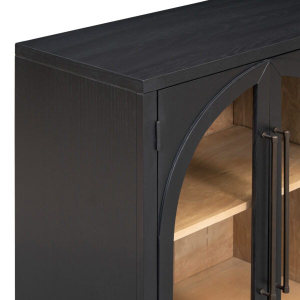 TREXM 4-Door Large Storage Sideboard Buffet Cabinet with Glass Doors, Arched Cabinet with Adjustable Shelves for Kitchen, Dining Room and Living Room (Black)