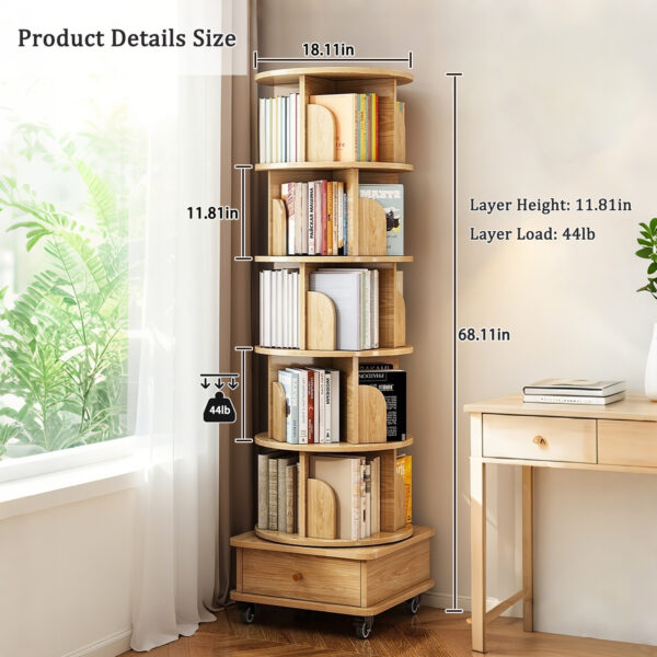 6 Tier Rotating Bookshelf, 360° Display Round Spinning Bookshelf with Wheels and Drawer, Space-Saving, Small Space Rotating Bookshelf Tower for Bedroom, Living Room, Home, Office, Wood Color